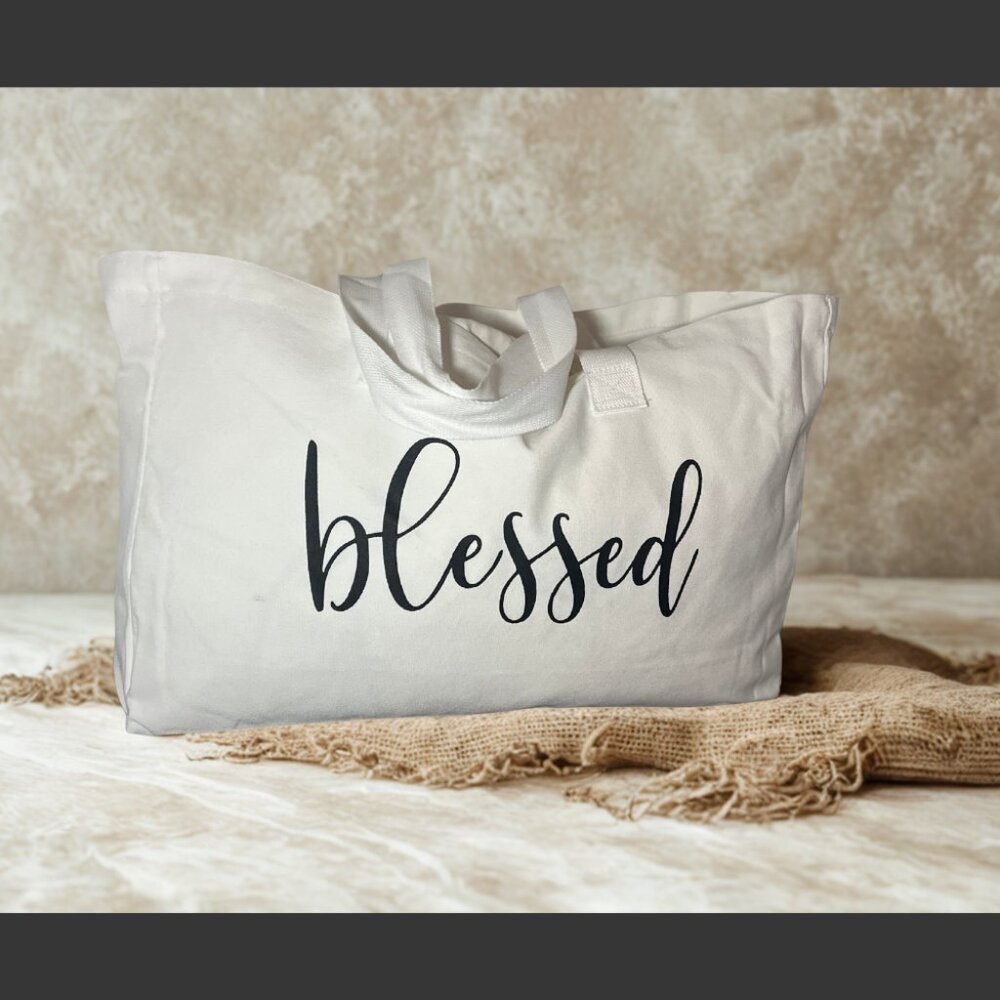 White Canvas Tote Bag with 'Blessed' Print